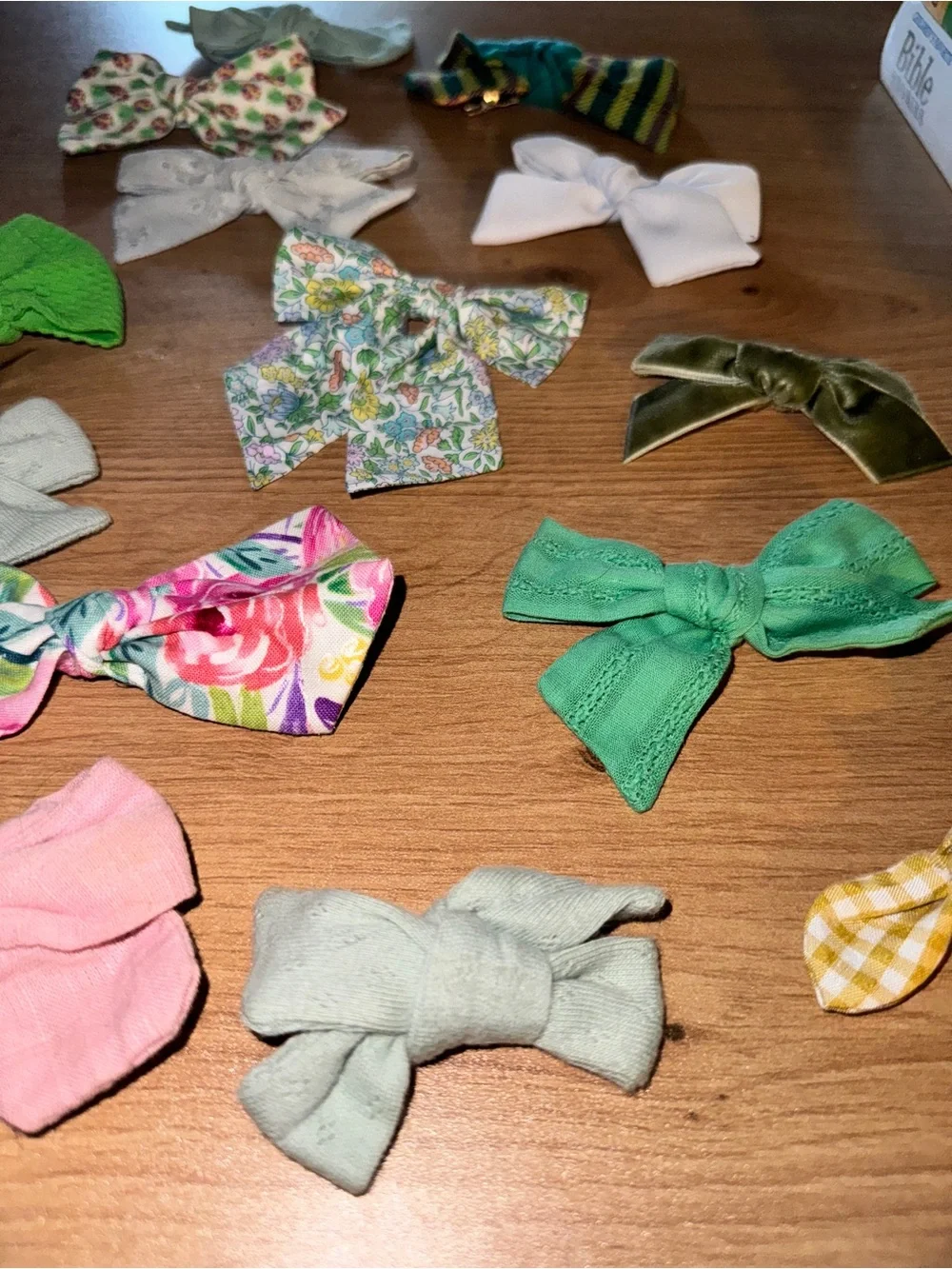 Handmade Kids Bow Clip Set — Assorted Green, White, Pink Floral